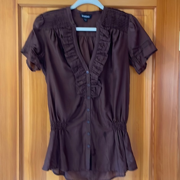 Brown BeBe semi sheer cotton/silk blouse with ruffle and tuck detail, Medium - Picture 1 of 8
